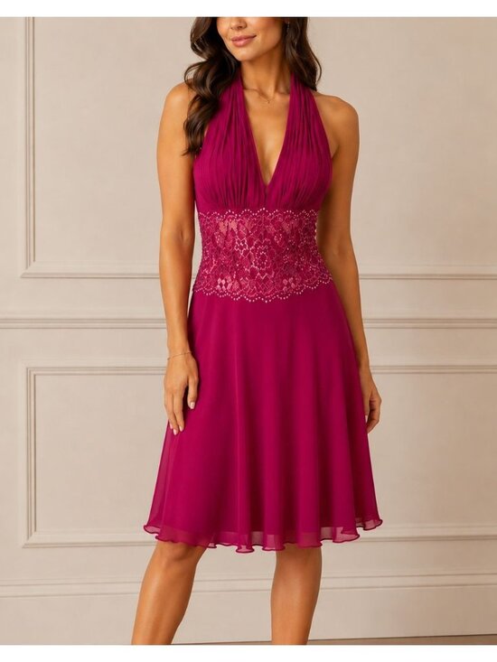 Tadashi Shoji Dresses & Skirts - Tadashi Shoji Collection Pink Silk Halter Dress Beaded Sequin Lace Lined Fuchsia